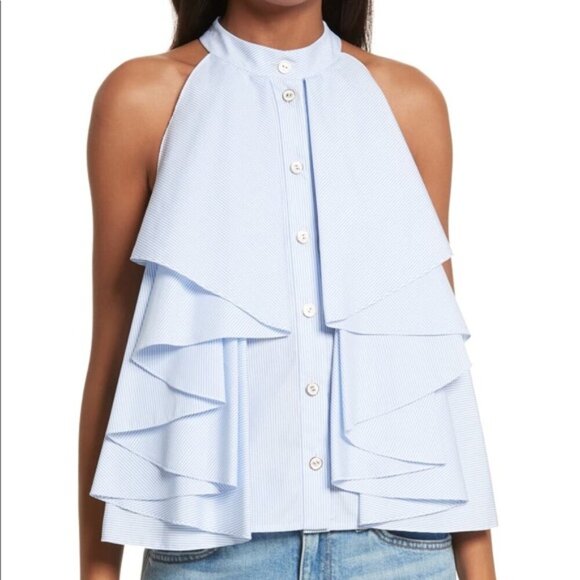 Caroline Constas Tops - CAROLINE CONSTAS Like New Adrie Striped Ruffle Blouse L Blue White Sleeveless